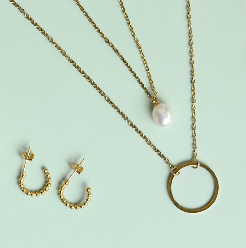 Dainty Beaded Hoop - 14k plated sterling silver