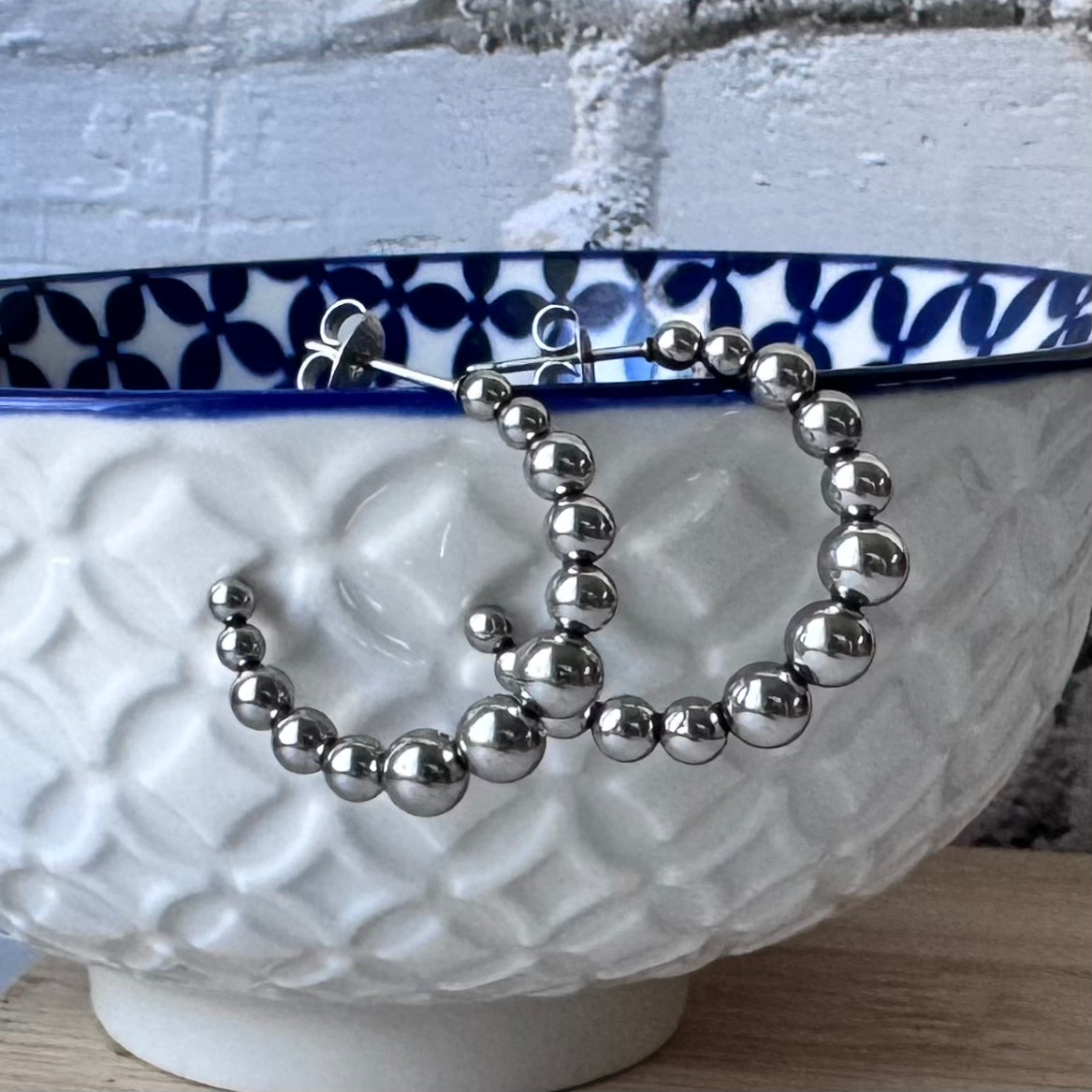 Beaded Silver Hoop - Large, Titanium Steel